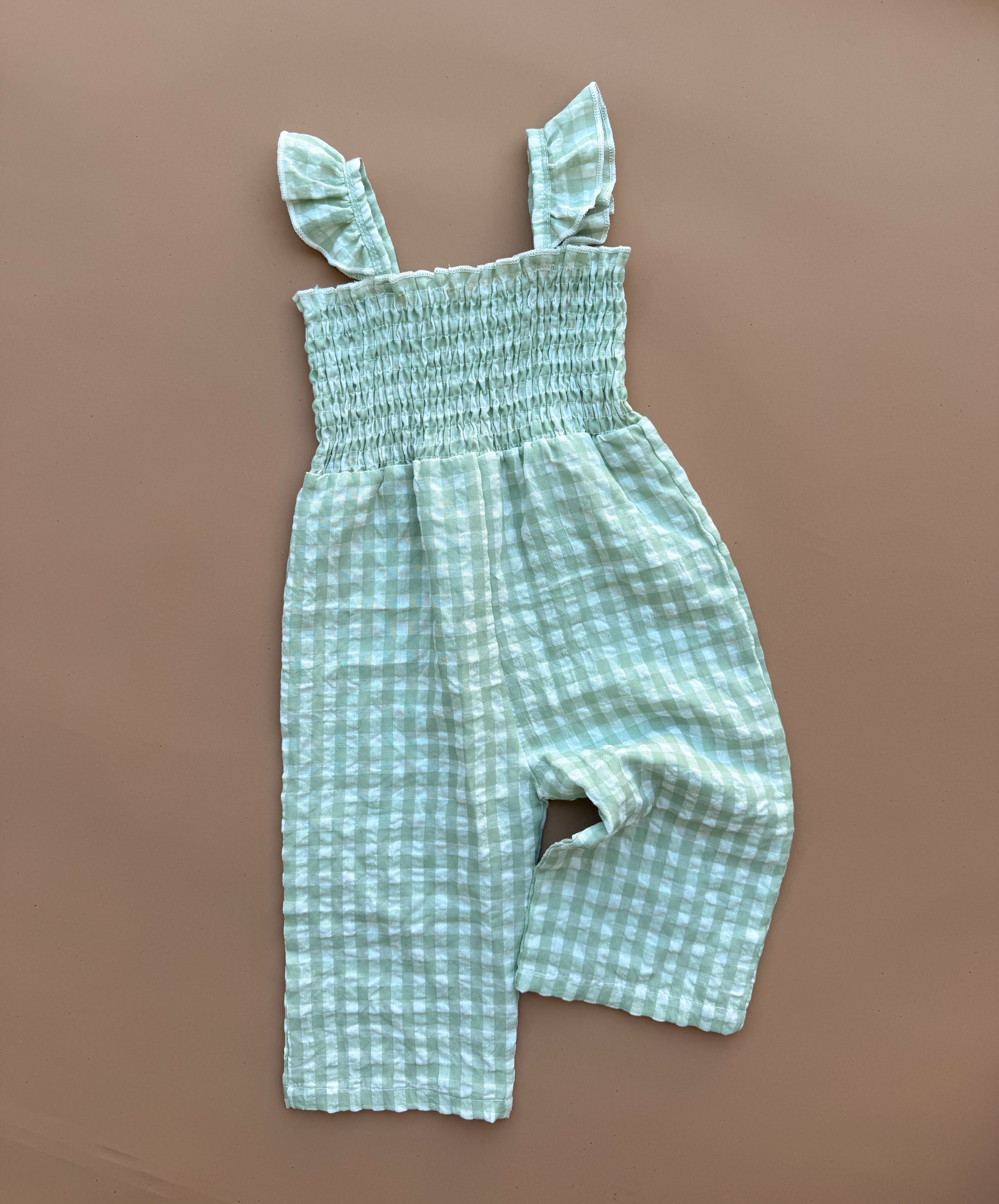 Aria Shirred Jumpsuit - Sage Gingham