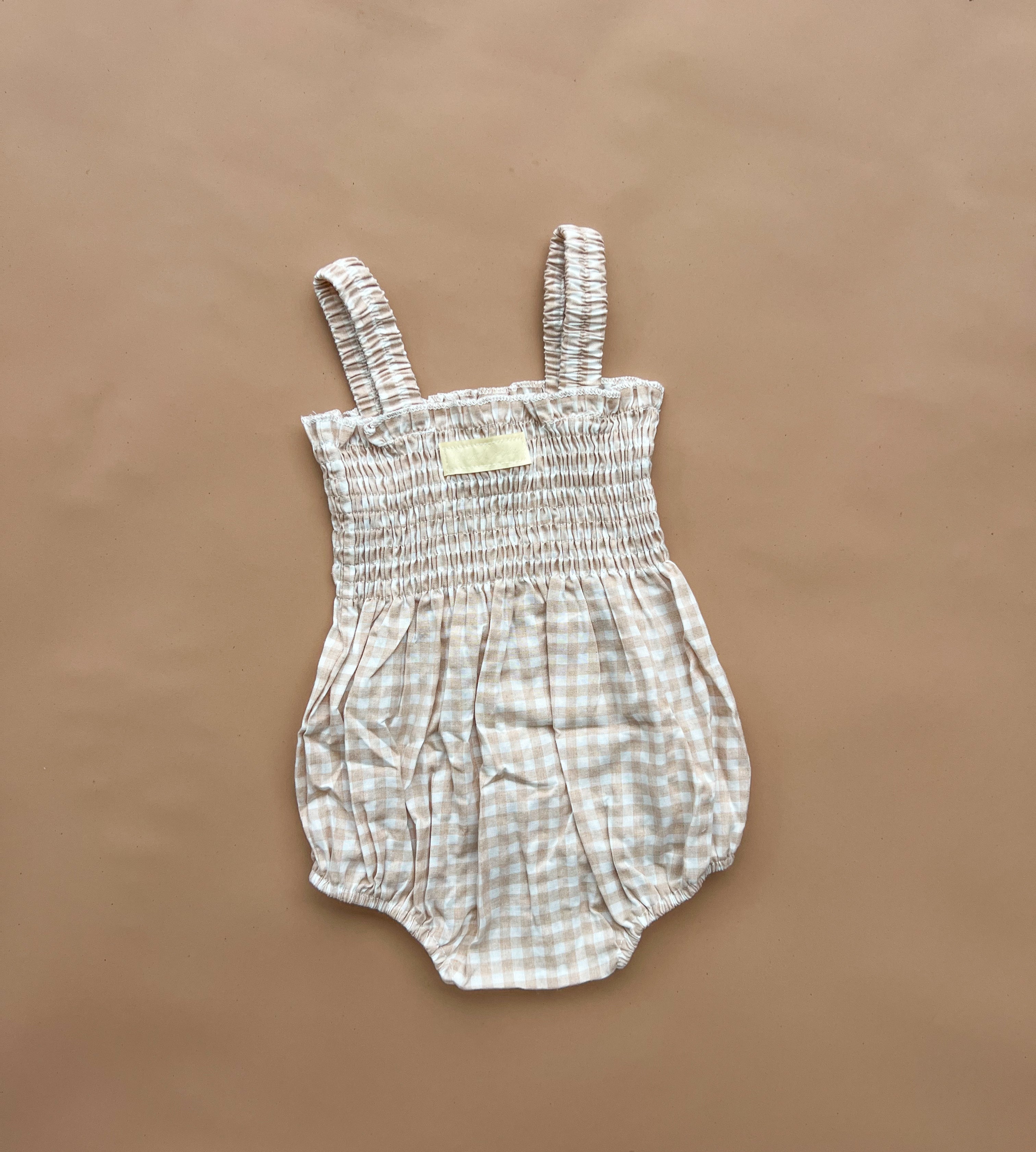 Sylvie Shirred Romper - Natural Gingham