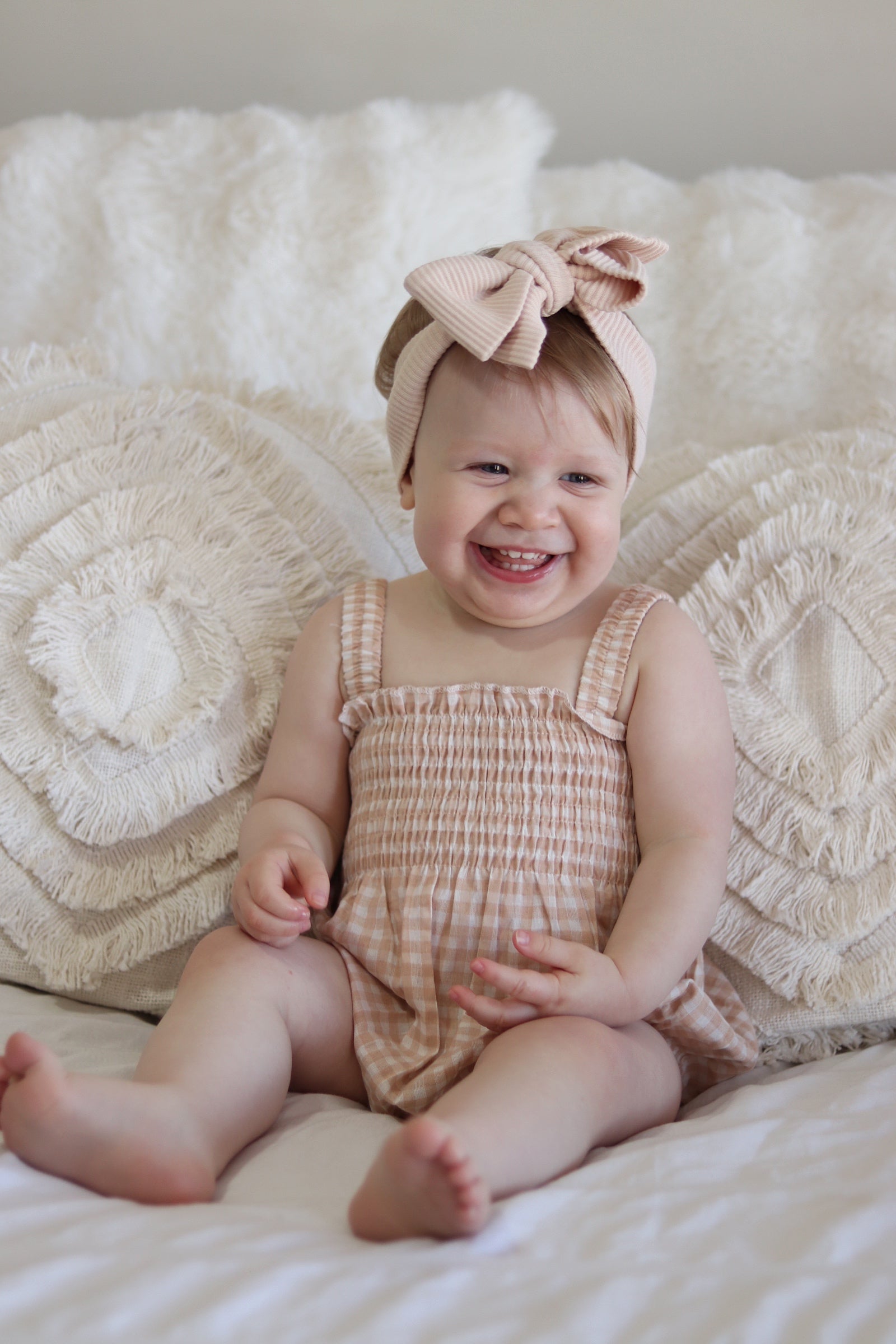 Sylvie Shirred Romper - Natural Gingham