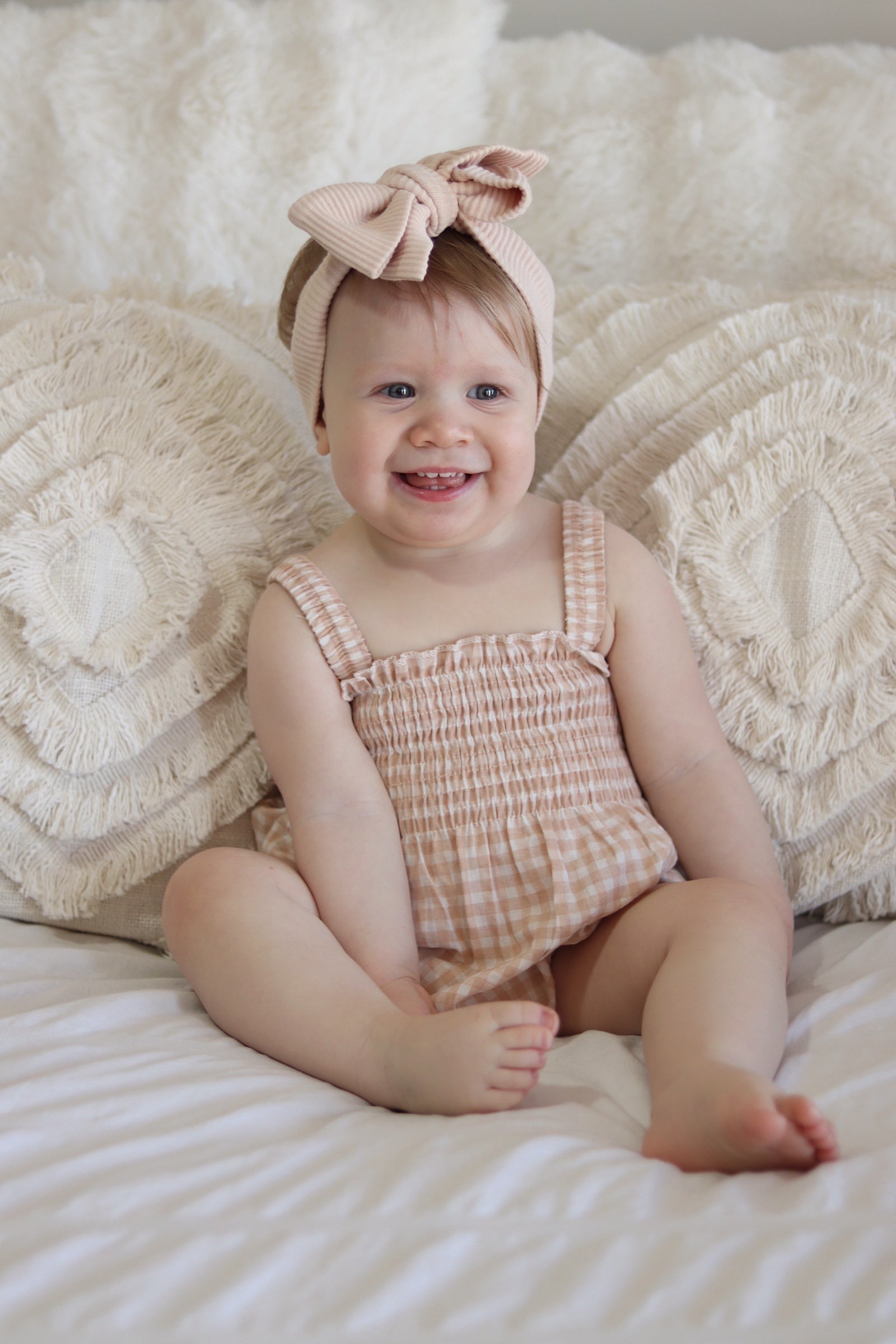 Sylvie Shirred Romper - Natural Gingham