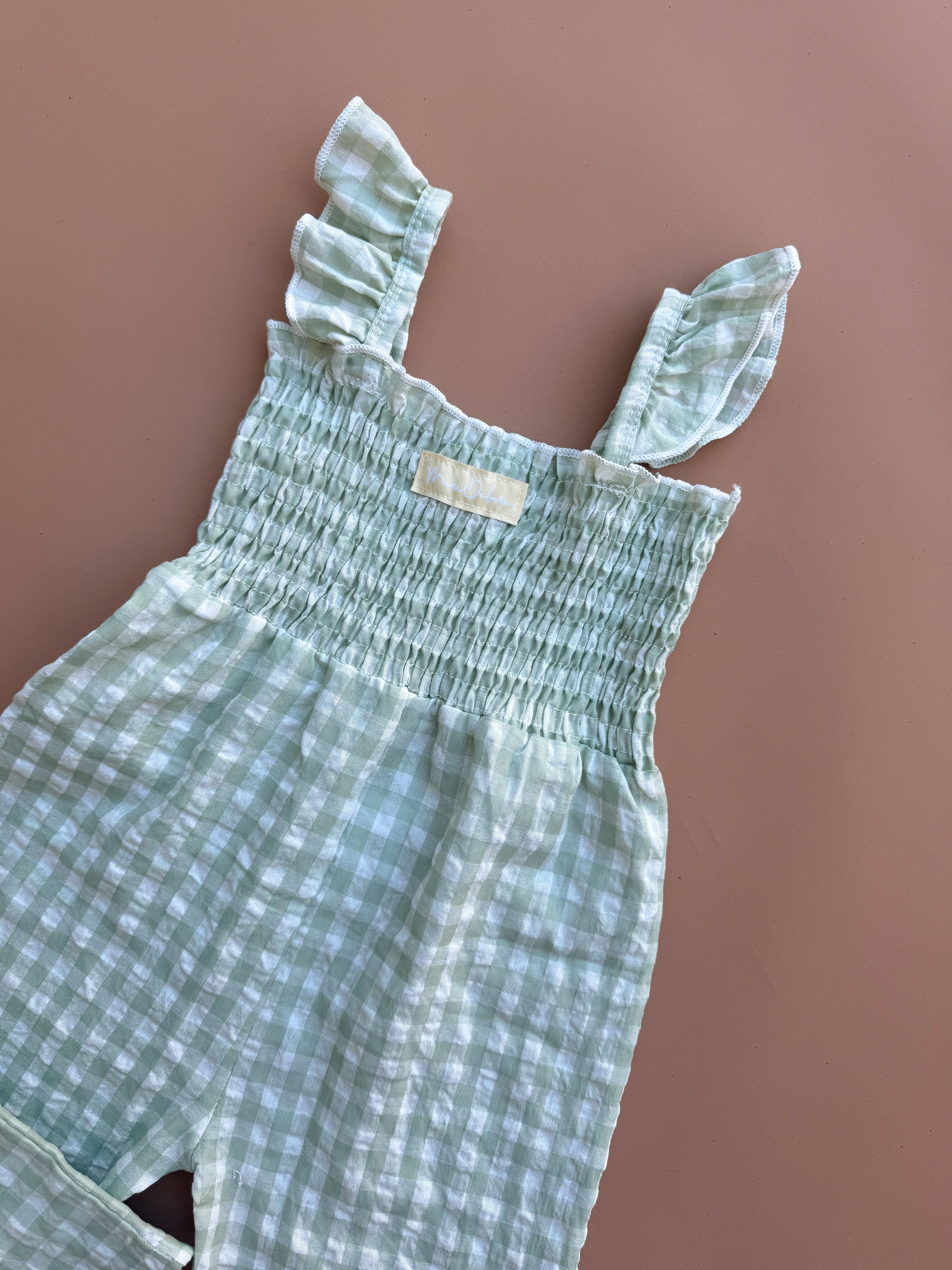 Aria Shirred Jumpsuit - Sage Gingham