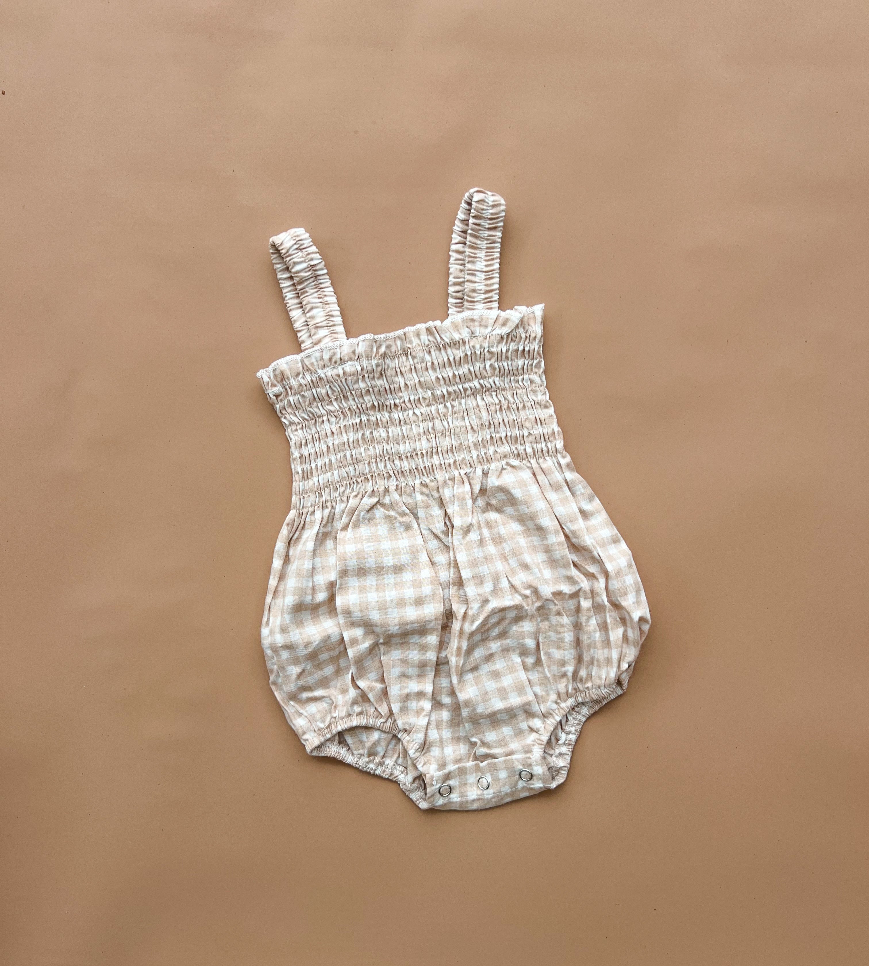 Sylvie Shirred Romper - Natural Gingham