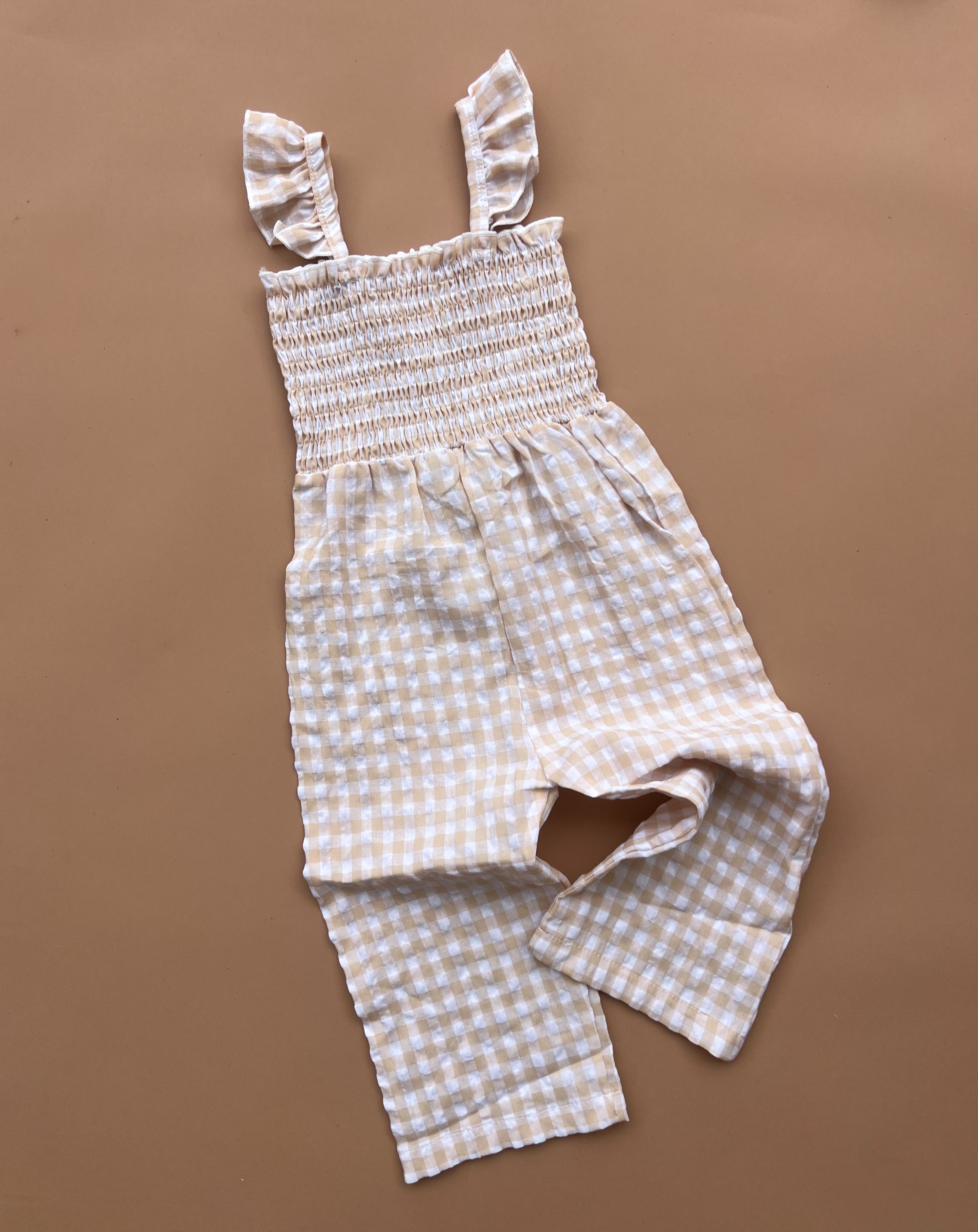 Aria Shirred Jumpsuit - Natural Gingham