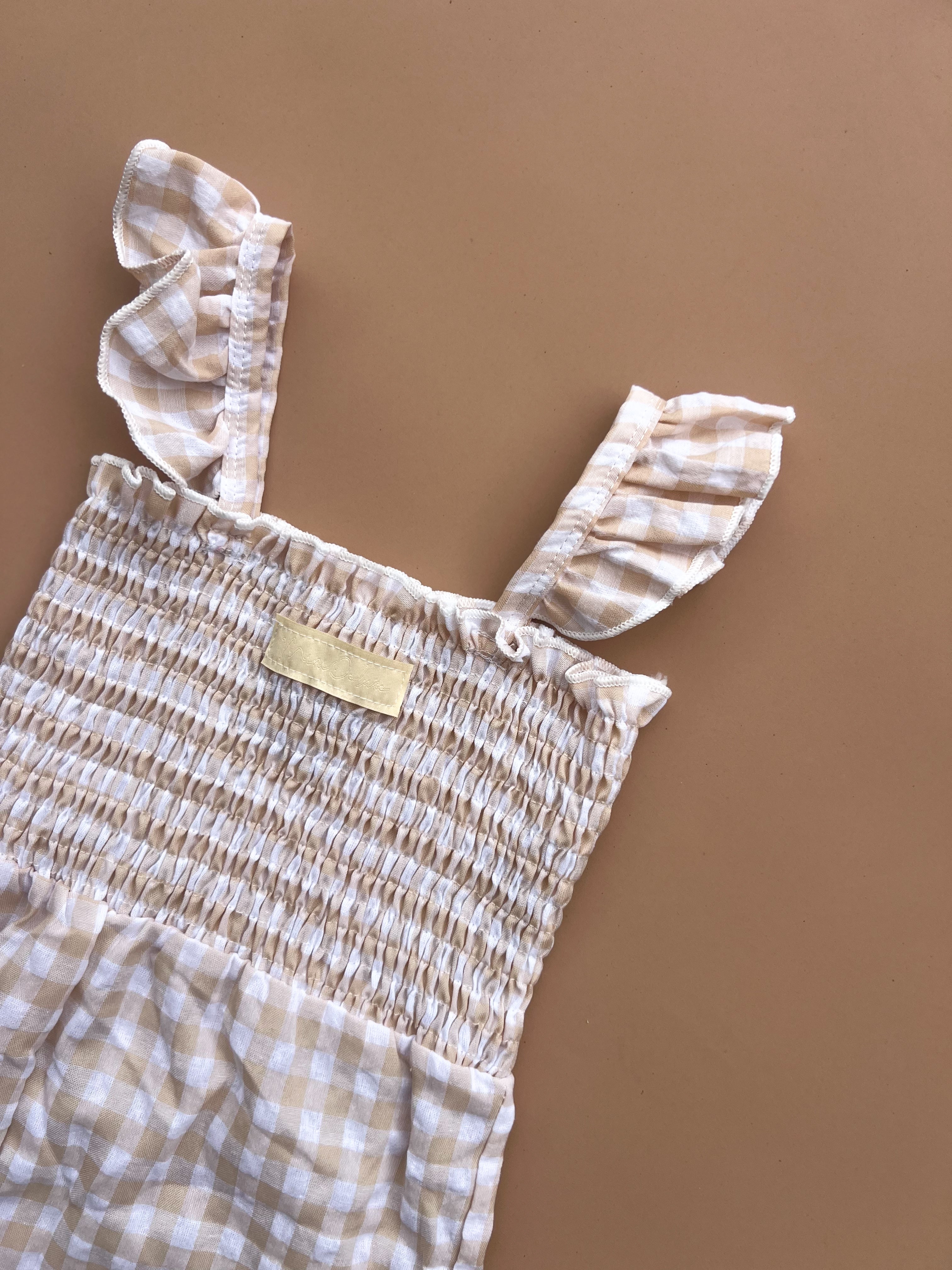 Aria Shirred Jumpsuit - Natural Gingham